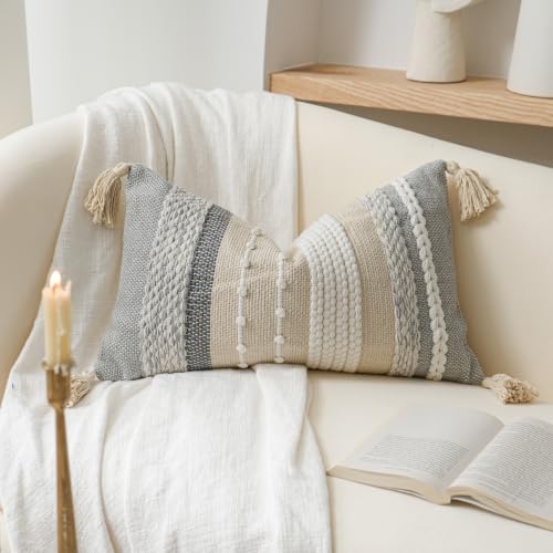 BlissBlush Decorative Lumbar Throw Pillow Cover 12x20 Boho Gray Accent Cushion for Couch Sofa Farmhouse Pillowcase for Bedroom Living Room Home Décor Cover ONLY - color: Gray, size: 20" x 12" (Pack of 1)