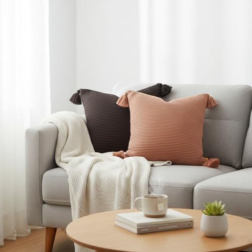 20x20 Ribbed Knit Throw Pillow Cover with Tassel Corners – Soft Pink Clay Valentine’s Day Gift – Evocative Earthy Decor for an Elevated Space - color: Pink Clay, size: 20" x 20" (Pack of 1)
