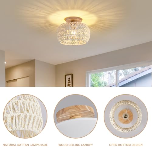Boho Rattan Ceiling Light Fixture - 3 Style Options Wicker Semi Flush Mount Ceiling Lights,Beige Coastal Light Fixtures,Bohemian Woven Basket Chandelier for Hallway Bedroom Nursery Kitchen Laundry - color: Beige