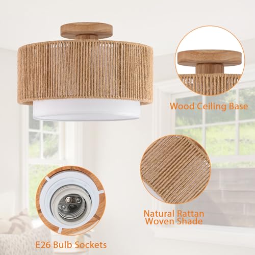 SineRise 12'' Rattan Flush Mount Ceiling Light Fixture,2-Tier Drum Hand-Woven Boho Flush Mount Ceiling Light,Farmhouse Light Fixture for Living Room,Kitchen,Bedroom Foyer Entryway ect. - color: Gold, size: Small Ceiling