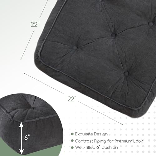 HIGOGOGO 6" Extra Thick Floor Pillow Cushion for Adults, Meditation Cushion Pillow with Handle, Lustrous Chenille Tufted, Square Floor Sitting for Tatami Living Room or Yoga, 22x22 Inch, Dark Grey - color: Square Dark Grey, size: 6" Thick(Pack of 1)