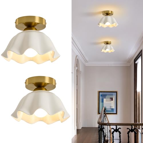 Glaze Ceramic Semi Flush Mount Ceiling Light - 2 Pack, Vintage Gold Hallway Light Fixtures, Flower White Globe Ceiling Lights, Mid Century Small Light Fixture for Cottage Entryway Laundry Room Foyer - color: Glaze Flower Ceramic-Gold