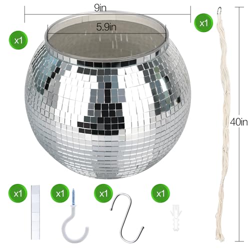 Disco Ball Planter, 1pcs 9” Silver Disco Ball Planter, Disco Ball Plant Hanger with Hanging Rope, Hanging Chain, Hook, Circle and Extra Mirror Pieces - color: 1×9" Silver