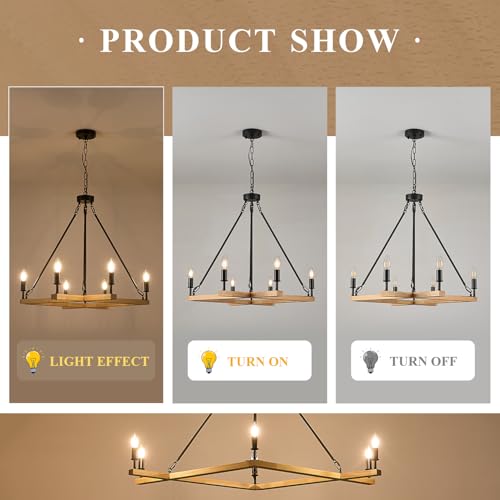 L45'' Natural Farmhouse Square Wood Chandeliers Rustic 6-Light Unique Rectangular Candle Chandelier Long Ceiling Pendant Light for High Ceiling Living Dining Room Foyer Kitchen Island,E12 - color: Natural, size: 45 inches