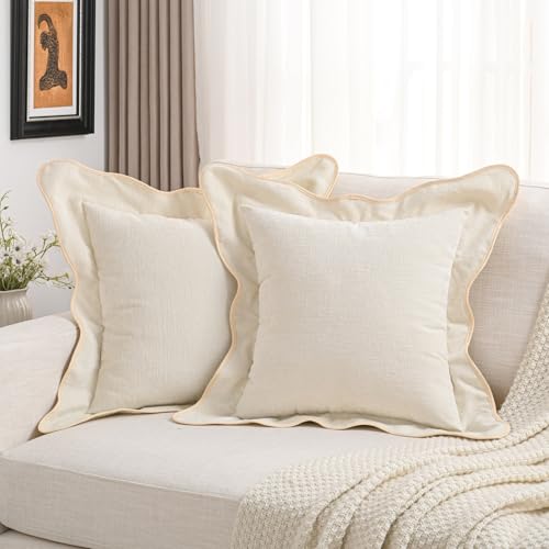 FUTEI Pack of 2 Solid Scalloped Bordered Throw Pillow Covers 18x18 Inch Soft Chenille Decorative Cushion Cases Farmhouse Accent for Couch Bed Living Room, Beige - color: Beige, size: 18" x 18" (Pack of 2)