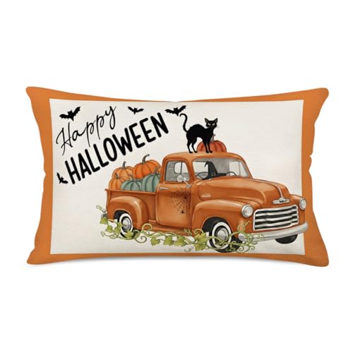 Happy Halloween Fall 12x20 Inch Pillow Covers Black Cat Witch Hat Bat Throw Lumbar Pillow Cases Cotton Linen Orange Truck with Pumpkin Harvest Farmhouse Decorations Cushion Cover - color: Halloween Pumpkin Cat