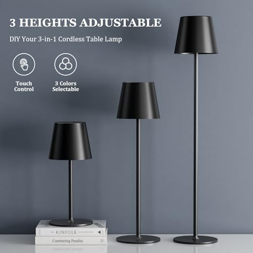 Kakanuo 20" Cordless Table Lamp Rechargeable Black - 2 Pack 5000mAH Battery Operated Lamp for Counter, 3 Color Stepless Dimming Wireless Lamp for Dining Kitchen, Outdoor Patio, Touch Control - color: Black 1, size: 2 Pack 20in - Down Light