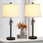 Bedside Table Lamps Set of 2: Tall Black Table Lamps for Living Room End Table | Height Adjustable 3-Way Dimmable Nightstand Lamp with Pull Chain Switch Modern Lamps for Bedroom Office(Bulbs Included) - color: Black+Beige Shade Set of 2