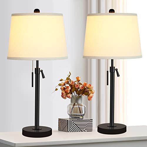 Bedside Table Lamps Set of 2: Tall Black Table Lamps for Living Room End Table | Height Adjustable 3-Way Dimmable Nightstand Lamp with Pull Chain Switch Modern Lamps for Bedroom Office(Bulbs Included) - color: Black+Beige Shade Set of 2