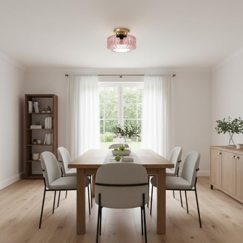 Pink Ribbed Glass Flush Mount Ceiling Light, 8.66" Modern Gold 1-Light Semi-Flush Mount Light Fixture, Mid-Century Round Ceiling Lamp for Bedroom Bathroom Hallway Entryway - color: Small, 8.66" Pink