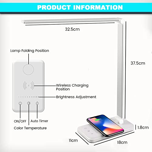 LED Desk Lamp with Wireless Charger, USB Charging Port, Desk Light with 10 Brightness, 5 Color Modes, Dimmable Eye Caring Reading Desk Lamps for Home Office, Touch Control, Auto Timer, White - color: White, size: PRO