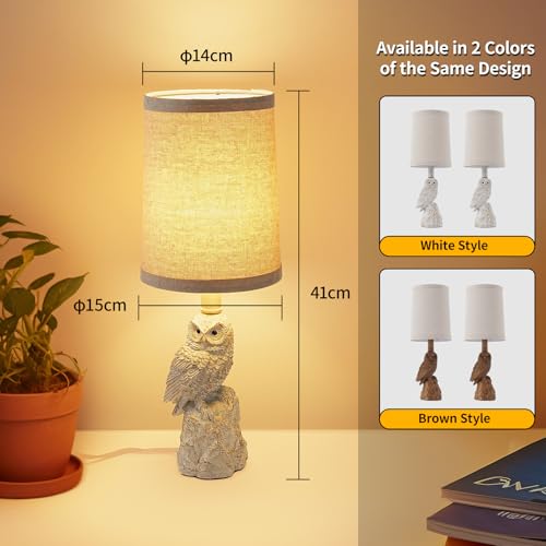Vintage White/Wood Grain Owl Table Lamp - Resin Sculpture Base & Linen Shade | 16.5in Height Decorative Lamp for Bedroom/Study | Rocker Switch (BW-1) - color: BW-1