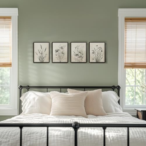 Framed Vintage Botanical Wall Art, 4 Piece Boho Rustic Floral Canvas Painting Prints for Modern Farmhouse, Black and White Neutral Flower Pictures for Bathroom Bedroom Hallway Kitchen Home Decor, 8x10 - color: Misty - Black Framed, size: 8" W x 10" H x 4p