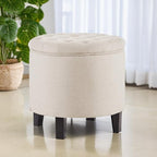 BELLEZE Modern Button Tufted Accent Storage Ottoman, Small Upholstered Circle Pouf Footstool with Lift Top, for Bedroom, Living Room or Vanity, 17-3/4" Round - Lexington (Beige) - color: Beige