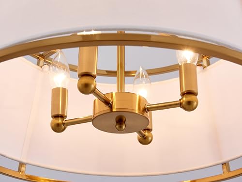 Shrine Lighting Drum Chandeliers, Modern Style, Perfect Pendant Light Fixture for Dining Room, Living Room, D20'' x H9'', Adjustable Chains 59'', E12*4 Sockets, White Lampshade & Brass Finish Frame - color: Brass D19.7''