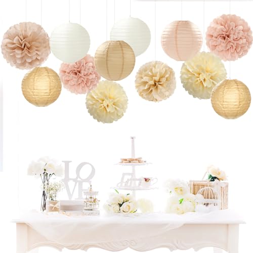 Champagne-Gold White Party-Decorations Paper-Flowers Lanterns - 15PCS Boho Fall Rustic Tissue Pom Poms Streamers,Wedding Baby Bridal Shower Neutral Autumn Birthday Hanging Supplies Decor Hugfond - color: Khaki Champagne