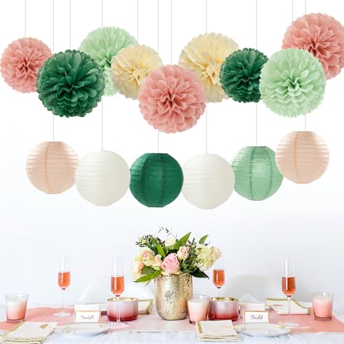 Sage-Green Pink Party-Decorations Paper-Flowers Lanterns - 15PCS Birthday Boho Rustic Tissue Pom Poms Streamers,Baby Shower Neutral Wedding Graduation Bridal Safari Hanging Supplies Decor Hugfond - color: Sage Green Pink