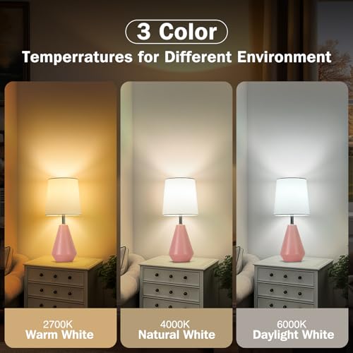 Small Bedside Table Lamp for Bedroom - Reading Desk Lamp with 3 Color Temperatures，15.5" Nightstand Ceramic Lamp with Fabric Shade for Kids Room,Living Room,Dorm,Home Office (Pink+White) - color: Pink+White-1, size: 15.5"
