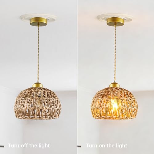 Boho Rattan Pendant Light, Adjustable Hanging Light Fixture with Natural Woven Shade, E26 Base Compatible for Kitchen Island, Bedroom, Living Room (Bulb Not Included) - color: 7.5”hemispherical shaped