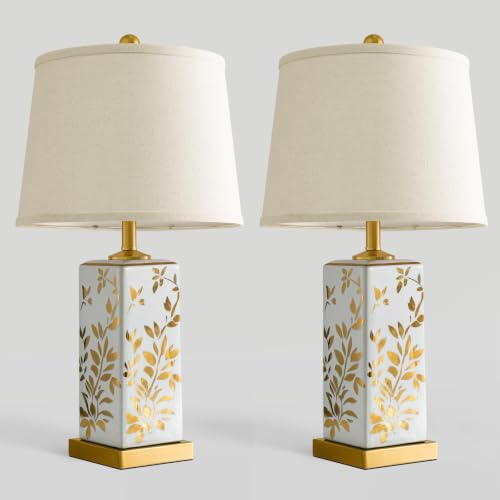 24.25" Mid Century Modern Lamp Set of 2, Vintage Farmhouse Chinoiserie Ceramic Table Lamps, Reflective Gold Leaf Pattern Bedside Lamps for Bedroom Living Room Nightstand, White & Gold - style: Reflective Gold Leaf
