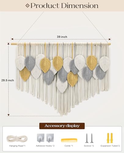 Tempospark Large Macrame Wall Hanging, 39" Wx29 L Boho Wall Hanging, Boho Chic Leaves Tassels Tapestry for Bedroom, Living Room, Dining Room, Nursery, Hallway, Balcony - color: Golden Wheat, size: 29"L x 39"W