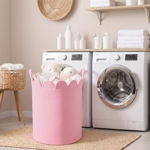 LemonRoad Pink Round Tall Basket Large Blanket Basket 15" L X 15" W X 19.7" H Scalloped Woven Baskets Cotton Storage Baskets for Nursery Classroom Closet Blankets Storage Home Decor - color: Pink, size: 15" L X 15" W X19.7" H