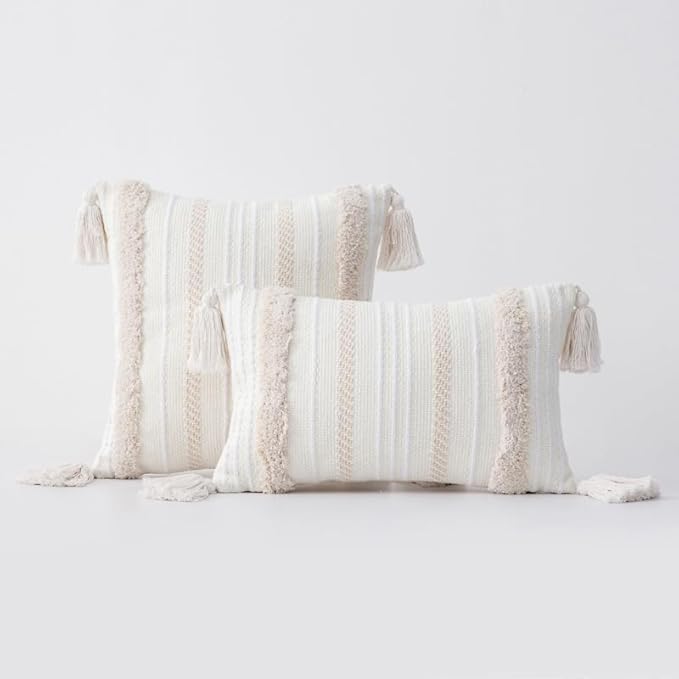 Beige Decorative Pillow Covers 18x18 Inch Soft Linen Texture Couch Throw Pillows Farmhouse Cushion Covers with Elegant Design for Sofa Bedroom Living Room Home Decor