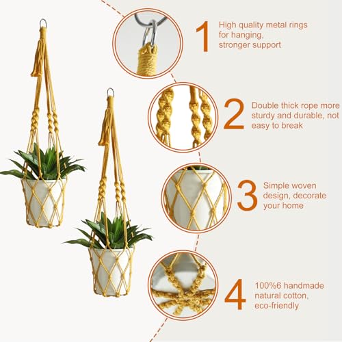 Artilady Boho Macrame Plant Hangers - Handmade Hemp Rope Hanging Baskets for Plants with Ceiling Hooks, Bohemian Home Decor Wall Art (Ginger-Yellow-2pcs) - color: Ginger-yellow-2pcs