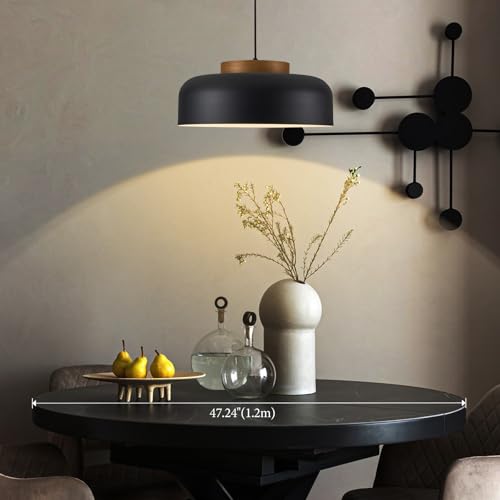 Modern Large Pendant Light Fixture, 17.7 inch,Natural Wood Cap, Matte Black Finish, Simple Pendant Lighting for Kitchen Island, Dining Room, Table - color: Black, size: 17.7 inches
