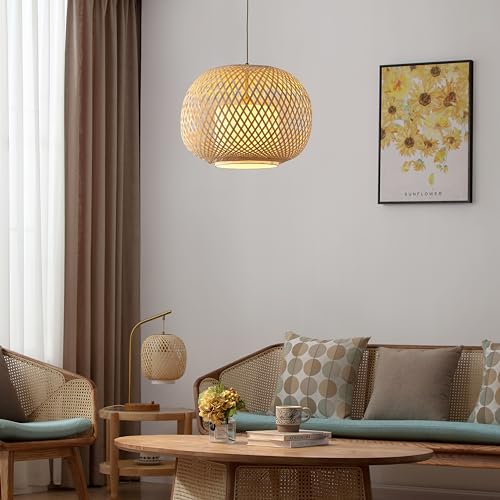 FOS -Modern Bohemian Natural Woven Bamboo + Linen Pendant Light, Dimmable, and Decorative Brushed Brass Components - Perfect for Ambient Lighting in Bed Room, Dining Room, Living Room - color: Fos -1 Light