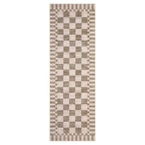 GarveeHome 2.5×8 Kitchen Runner Rug Non Slip Brown Checkered Rug,Washable Runner Rug for Hallway Soft Low-Pile Geometric Tan Brown Print Checkerboard Rugs for Entryway Kitchen Dining Room - color: Brown, size: 2'5" x 8' (Rectangular)