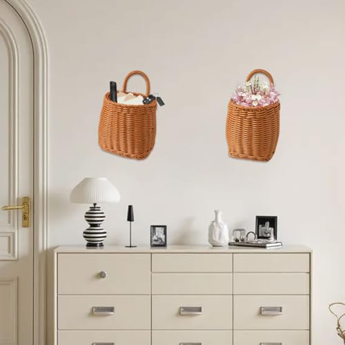 Wicker Wall Hanging Baskets,2 Pcs Handmade Rattan Hanging Wall Baskets for Plants,Flowers,Fruit,Vegetable and Magazines,Woven Wall Mount Decorative Basket for Kitchen, Living Room (Bucket) - color: Bucket
