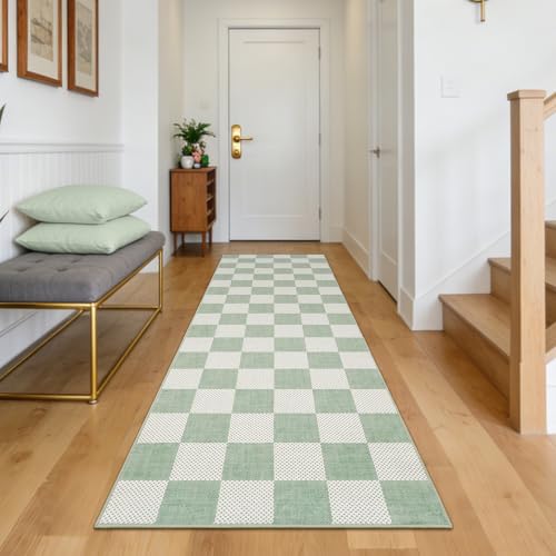 GarveeHome Checkered Sage Green 2x6 Washable Kitchen Runner Rus Geometric Diamond Dot Modern Soft Low-Pile Long Rug for Bedroom Hallways Entryway Non-Slip TPE Rubber Backing - color: Sage Green, size: 2' x 6' (Runner)