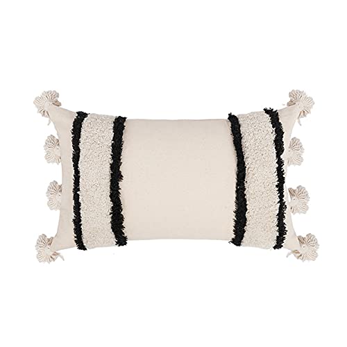 vctops Boho Tufted Decorative Lumbar Throw Pillow Cover with Tassels Cotton Black and Beige Stripe Cushion Cover for Couch Sofa Bed (Stripe,12"x20") - color: Stripe, size: 20" x 12" (Pack of 1)