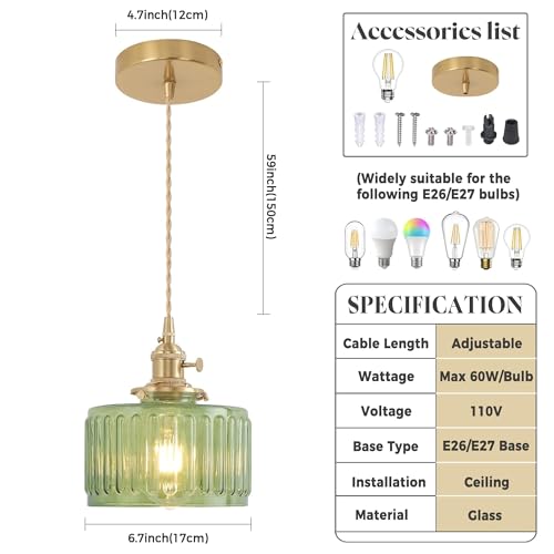 Green Striped Glass Pendant Light, 1 Natural Light Bulb Included, Adjustable Cord with Switch, Suitable for Kitchen Island/Dining Room - color: Green 1pc Ribbed Glass Pendant Light