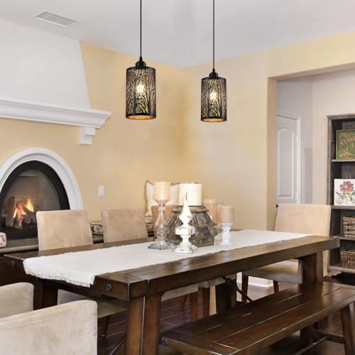 Industrial Black Pendant Light Fixture Vintage Farmhouse Mini Black Gold Pendant Lighting Rustic Hollow-Carved Cylinder Pendant Light for Kitchen Island, Dining Room, Bedroom - color: Black&Gold