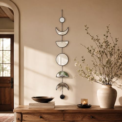 7 Pcs Moon Phase Wall Decor, Acrylic Mirror with Wooden Backboard, Boho Hanging Moon Cycle Wall Art for Bedroom Living Room Home Decor - color: Black（style 2）