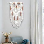 MEIZHIANDME Macrame Wall Hanging, Boho Woven Tapestry Wall Decor, Chic Bohemian Handmade Leaf Feather Wall Art Decorations for Bedroom Living Room Apartment Wedding Party (Leaf & Wood Bead)