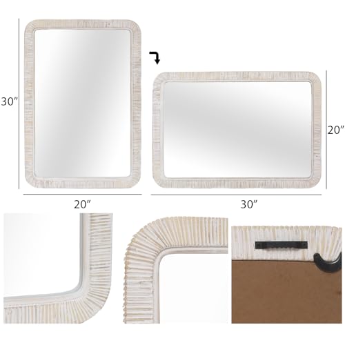 FUIN 20" x 30" Rattan Wicker Rectangle Wall Mounted Bathroom Mirror for Coastal Boho Nursery Decor, White Wash - color: White Wash, size: 30"L x 20"W