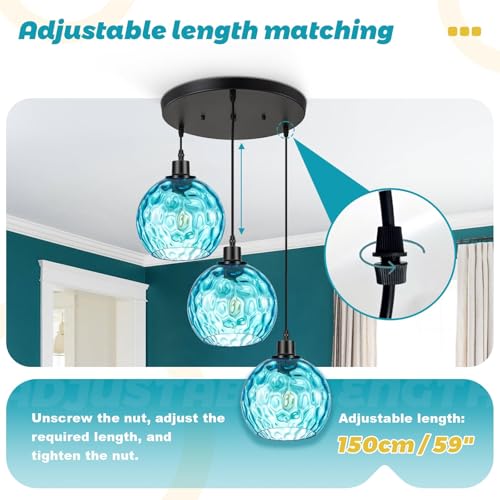 3-Light Kitchen Island Pendant Light with Blue Glass Shades, Adjustable Black Hanging Ceiling Lamp, Mid Century Modern Chandelier for Dining Room, Breakfast Bar, Farmhouse - color: Blue, 3-Light