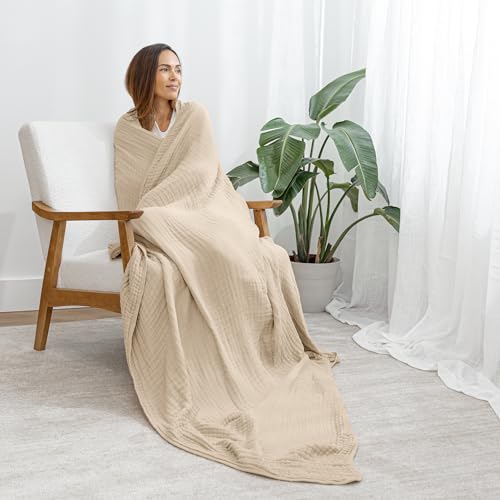 Comfy Cubs Muslin Throw Blanket - 50” x 60” Quilted Design - Lightweight, Breathable 6-Layer Gauze Fabric - Soft Cotton Blanket for Home or Travel - Packaged in Elegant Gift Box - Sand - color: Sand, size: Throw - 50" X 60"