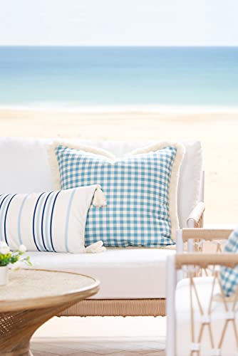 Hofdeco Premium Coastal Hampton Style Patio Indoor Outdoor Pillow Cover Only, 20"x20" Water Resistant for Backyard, Couch, Baby Blue Gingham Fringe - color: Baby Blue Plaid 20"x20", size: 20" x 20" (Pack of 1)