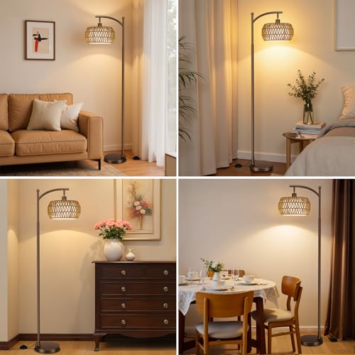 Ambimall Arc Floor Lamp for Living Room with Remote, Color Temperature & Brightness Adjustable, Bohemia Standing Lamp with Rattan & Fabric Double Drum Shades, Bulb Included(Brown) - color: Brown Bohemian