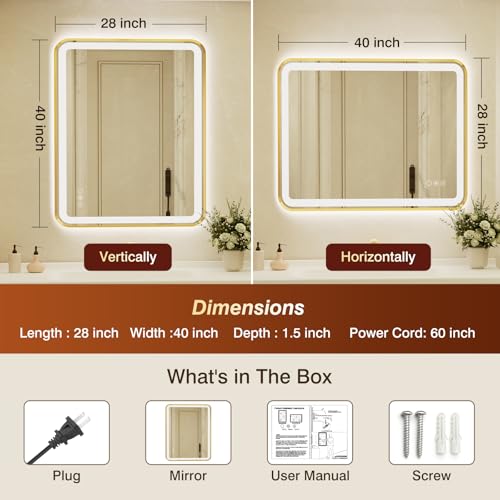 28x40 Inch LED Bathroom Mirror with Gold Frame,Front and Backlit Vanity Mirror,Tempered Glass,Stepless Dimmable Wall Mirrors with Anti-Fog, 3 Colors, Memory, Waterproof, LED Smart Bathroom Mirror - color: Gold, size: 40"L x 28"W