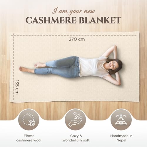Cashmere Blanket – Hand Woven 100% Pure Wool Throw Blanket, 135 x 270 cm – Herringbone Pattern Cozy, and Soft Blanket for Bed, Sofa, or Couch - Made in Nepal - color: White