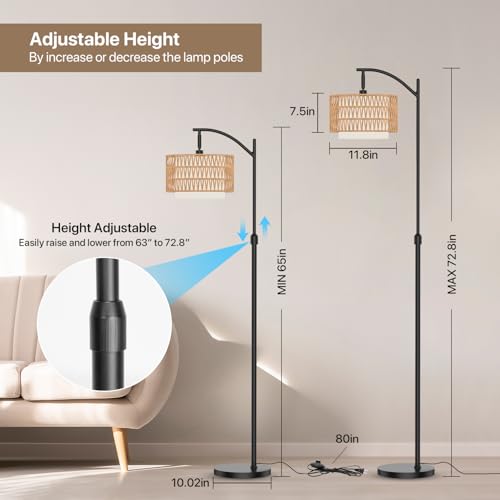 Boho Floor Lamp - Arched Floor Lamps for Living Room, Farmhouse Floor Lamp with 3 Color Temperature Black Standing Lamp with Rattan & Fabric Double Shade Bohemian Rattan Floor Lamps for Bedroom Office - size: Upright-Lantern Shade