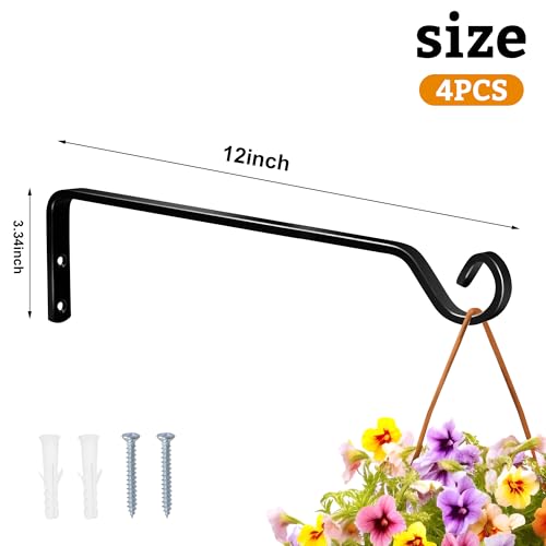 2pcs Wall Mounted Plant Hanger, Indoor/Outdoor Decorative Hook for Hanging Plants, Windchime, Baskets – Rustic Iron Plant Holder, Ideal Wall Décor, Ceiling Hooks for Indoor Garden- (12in black) - color: black-B, size: 12 Inch