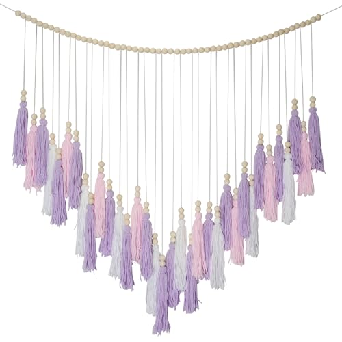 Pink & Purple Macrame Hanging Boho Wall décor, Purple Wall Decor for Bedroom Living Room Girls Room Nursery Large Tassel Hanging with Wood Beads 41" W x 32" H - color: Purple, White, Pink