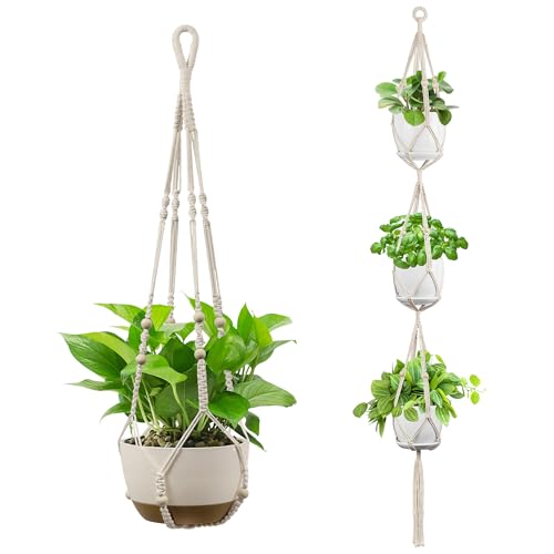 USLAI Macrame Plant Hanger Indoor Outdoor, Fits 4 to 15 Inch Pots, Strong Hanging Planter Holder, Boho Home Decor, 72+35 Inch, Ivory (POTS NOT Included) - color: Ivory, size: 35+72 Inch