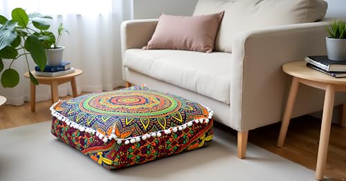 INDIAN CRAFT CASTLE ICC Floor Pillows & Cushion Covers Decorative Hippie Mandala Pouf Pillow Covers Seating Meditation Cushion Cover Large Boho Ottoman Case Pillowcase Couch New Blue, 16" Square - color: New Blue, size: 16"D x 16"W x 5"H